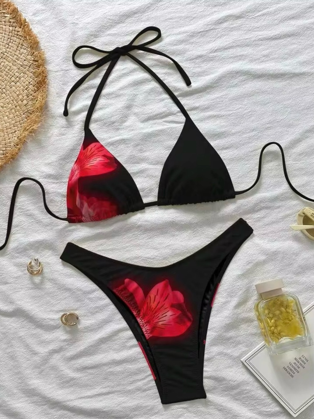 Shein Black Bikini Set with Red Floral Accent